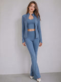 Stand collar jacket, tank top, and flared pants three-piece set