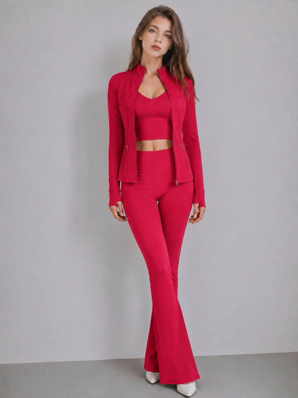 Stand collar jacket, tank top, and flared pants three-piece set