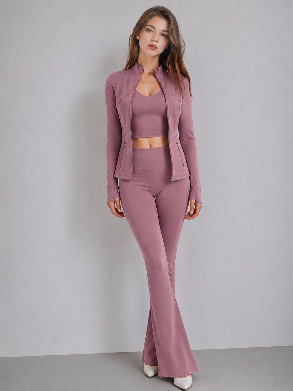 Stand collar jacket, tank top, and flared pants three-piece set