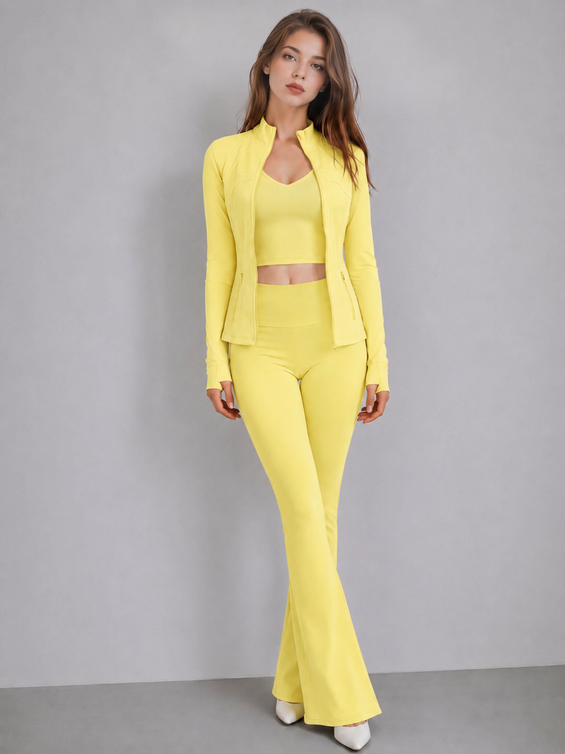 Stand collar jacket, tank top, and flared pants three-piece set