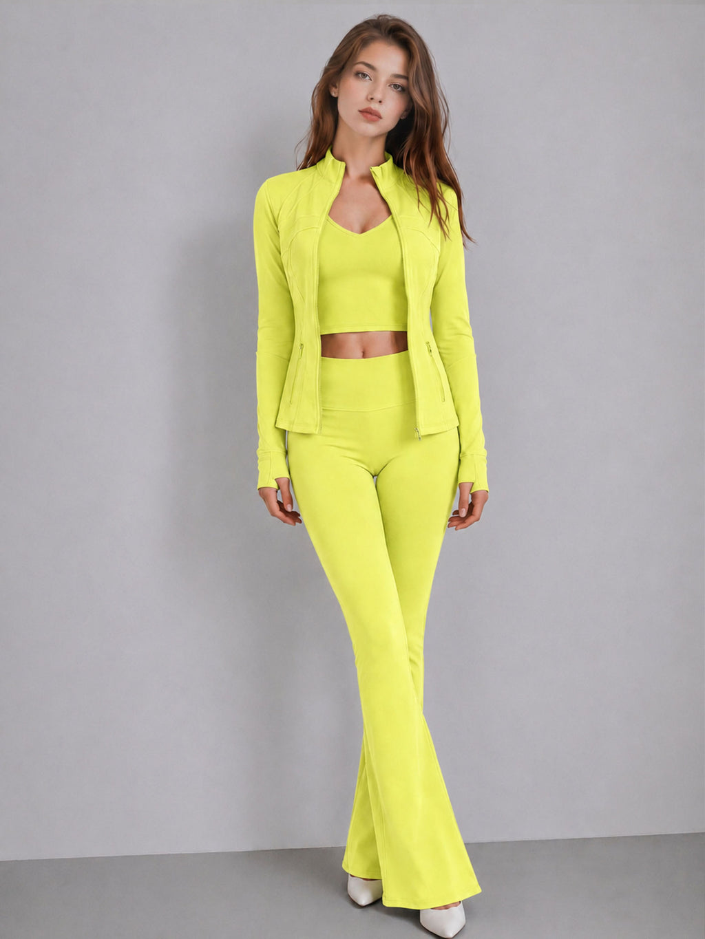 Stand collar jacket, tank top, and flared pants three-piece set