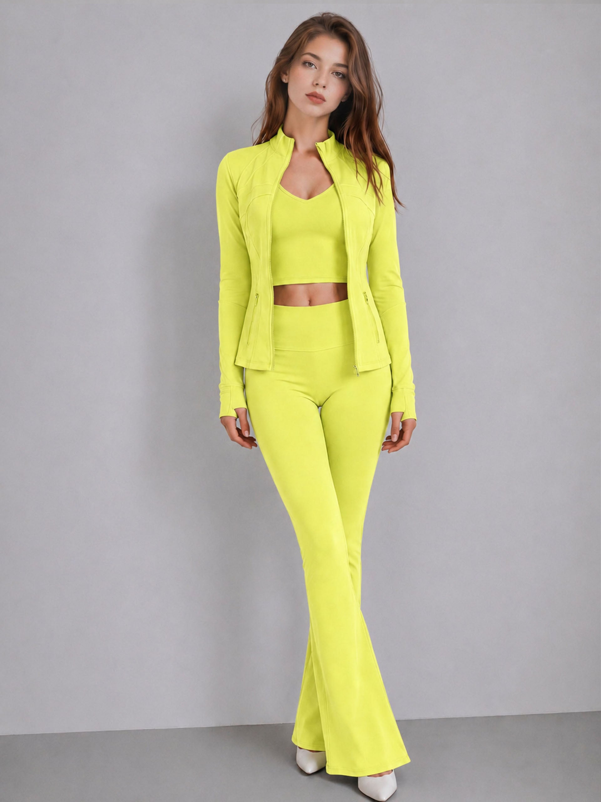 Stand collar jacket, tank top, and flared pants three-piece set