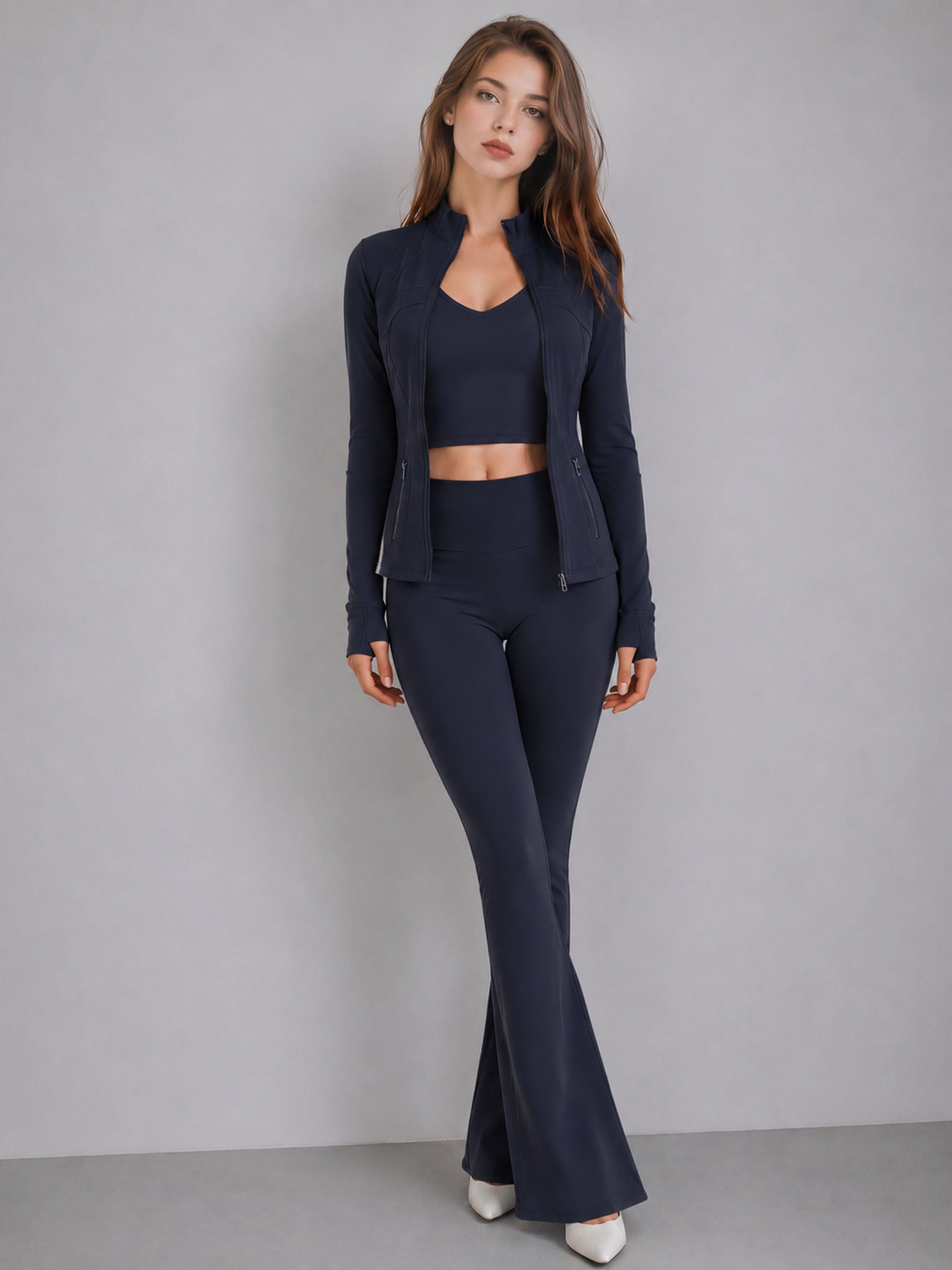 Stand collar jacket, tank top, and flared pants three-piece set