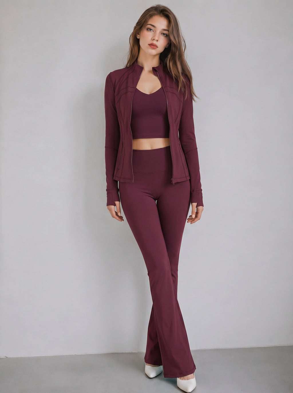 Stand collar jacket, tank top, and flared pants three-piece set